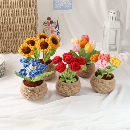 Hand-Crocheted Potted Sunflowers, Tulips, and Lily of the Valley