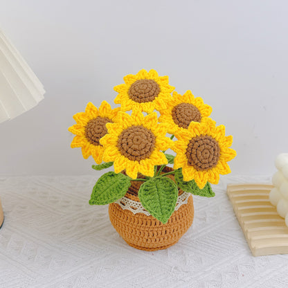 Handmade Crochet Sunflower Bouquet – Potted Artificial Flowers