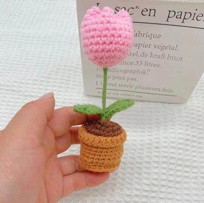 Handmade Mini Potted Sunflower & Tulip Crochet Flowers – Desk and Car Decor, Office Ornament, Christmas Gift, Birthday Present