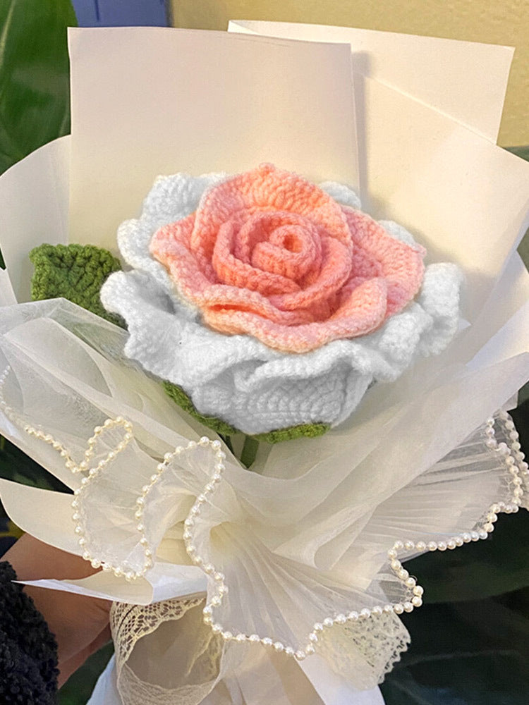 Crochet Bouquet Handmade Thai Rose Crochet Finished Handheld Flower Arrangement