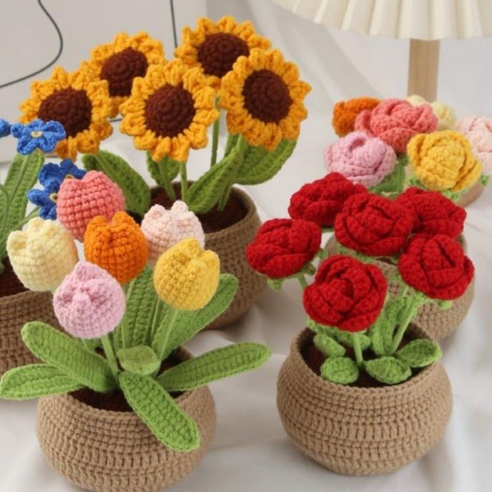 Hand-Crocheted Potted Sunflowers, Tulips, and Lily of the Valley | Gifts for Christmas, Black Friday