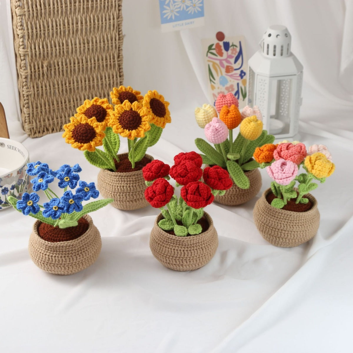 Hand-Crocheted Potted Sunflowers, Tulips, and Lily of the Valley | Gifts for Christmas, Black Friday