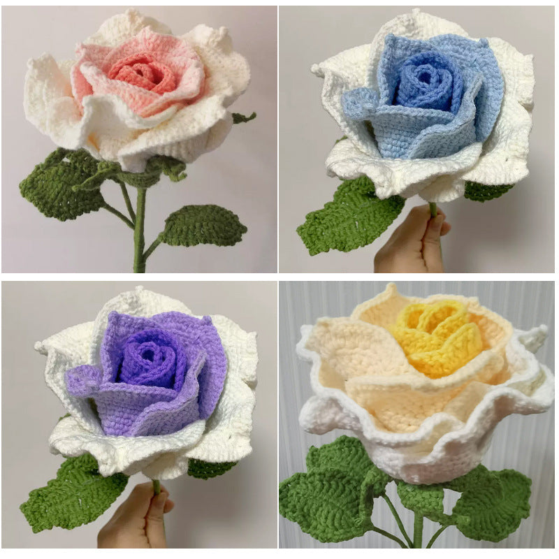 Crochet Bouquet Handmade Thai Rose Crochet Finished Handheld Flower Arrangement