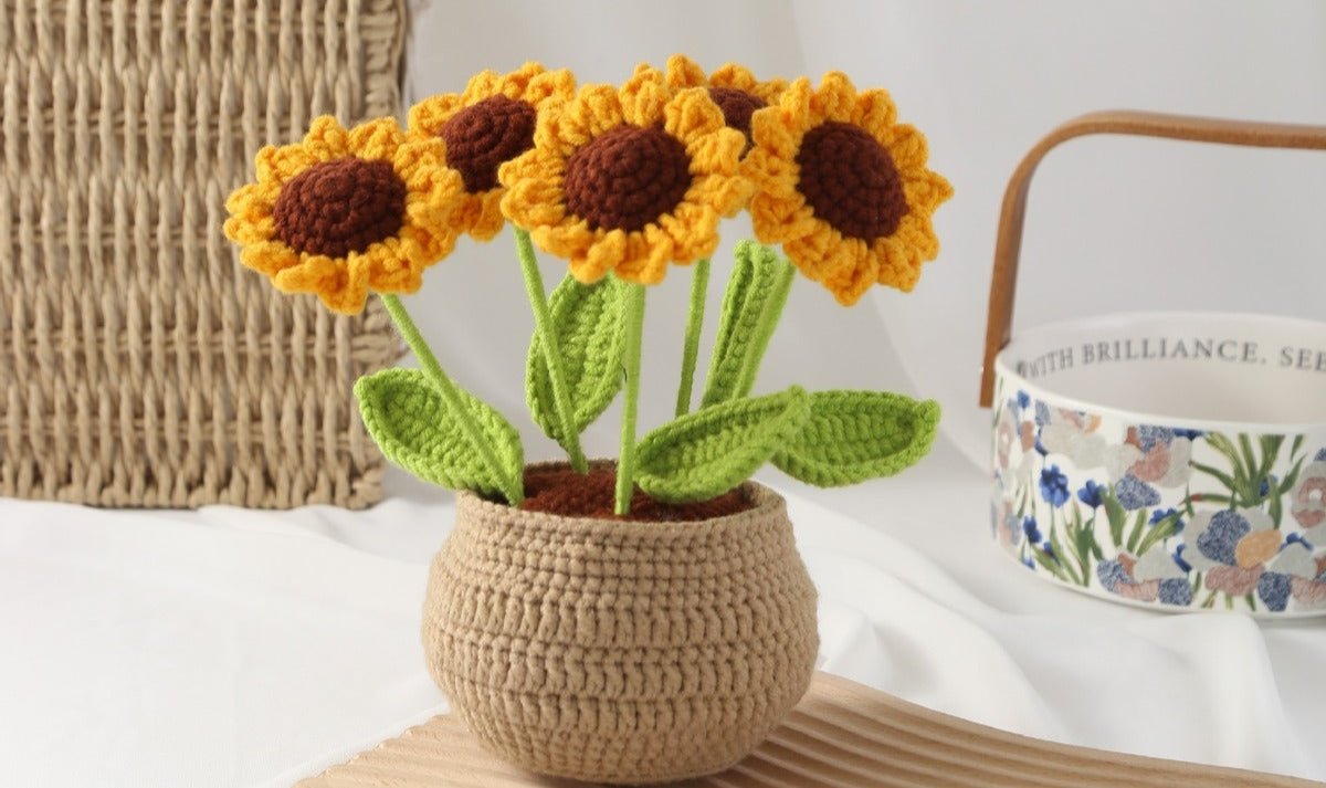 Hand-Crocheted Potted Sunflowers, Tulips, and Lily of the Valley | Gifts for Christmas, Black Friday